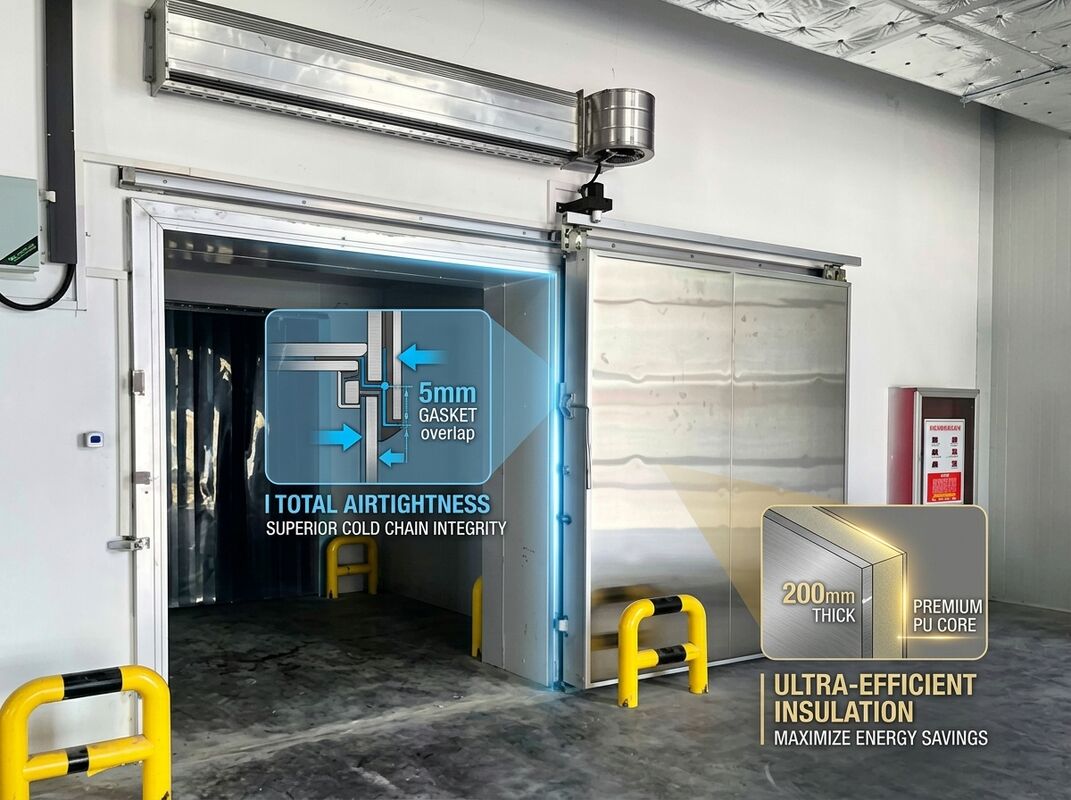 Airtight Insulated Double Sliding Electric Cold Room Door 200mm Frozen Food Processing Facilities