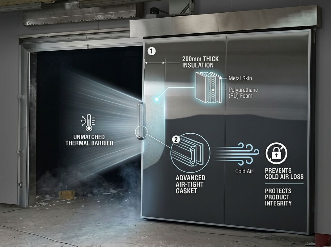 Airtight Insulated Double Sliding Electric Cold Room Door 200mm Frozen Food Processing Facilities