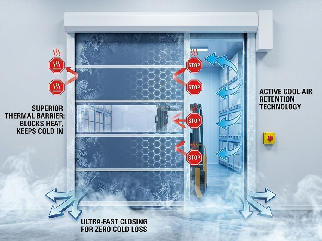 Insulated Thermal PVC Curtain Stacking High Speed Folding Door For Cold Storage Corridor Access